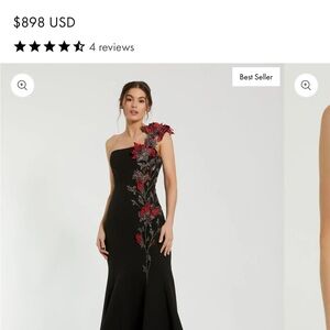 Mac Duggal Black One-Shoulder Dress with Red Floral Design